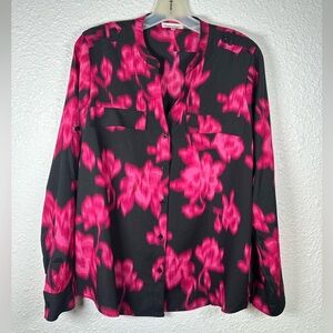 Calvin Klein Women’s Pink & Black Floral Button-Down Blouse, Size M
